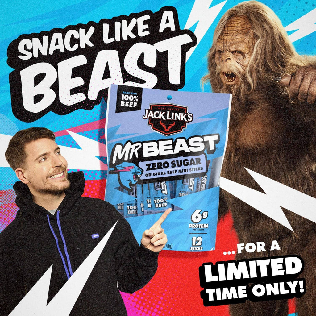 MrBeast zero sugar mini beef jerky sticks package, 12 sticks, 6g protein