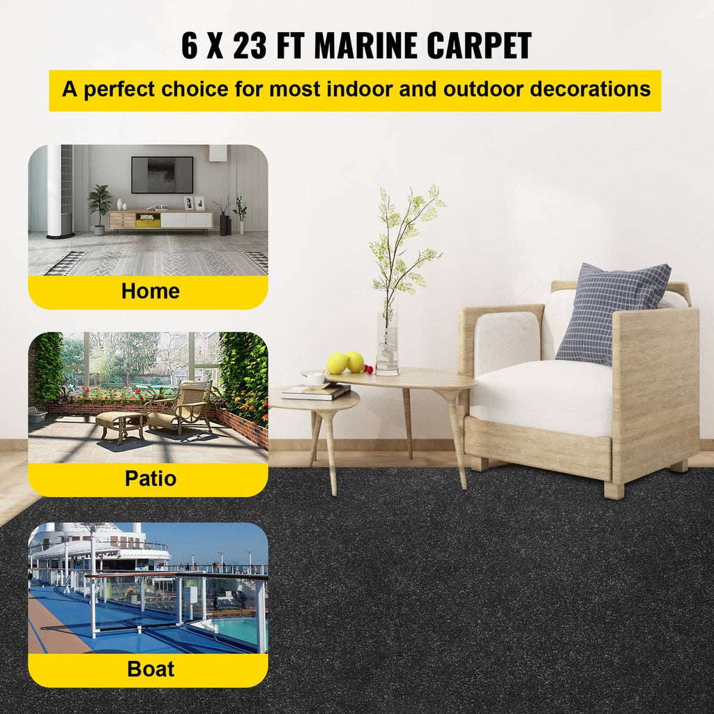 Dark charcoal marine carpet with rolled edge, shown laid out as a 6 x 23 ft area