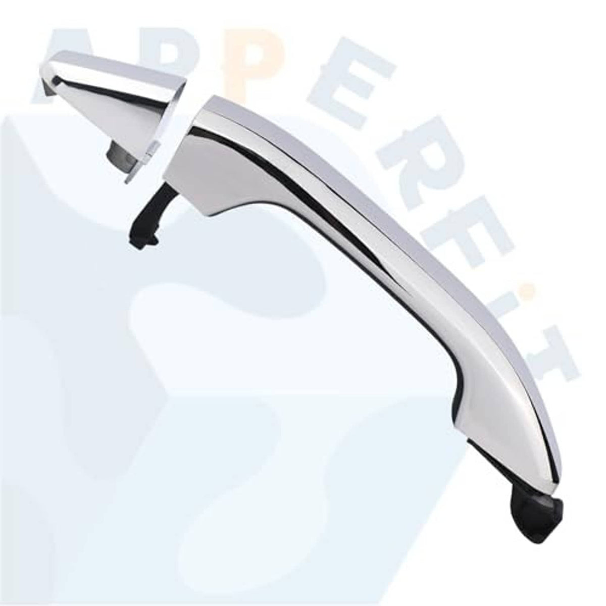 Chrome exterior door handle with curved profile and black side cover