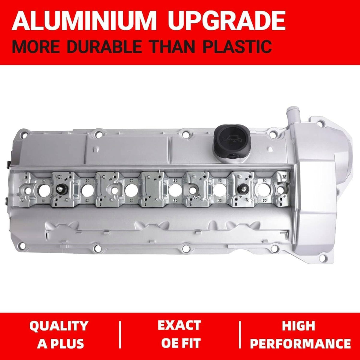 Aluminum valve cover upgrade shown in profile, silver-gray with oil cap