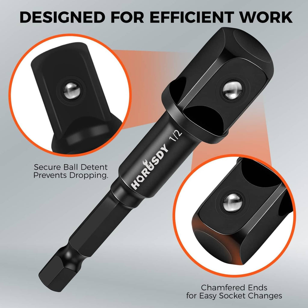 Black impact adapter with secure ball detent and chamfered ends for easy changes