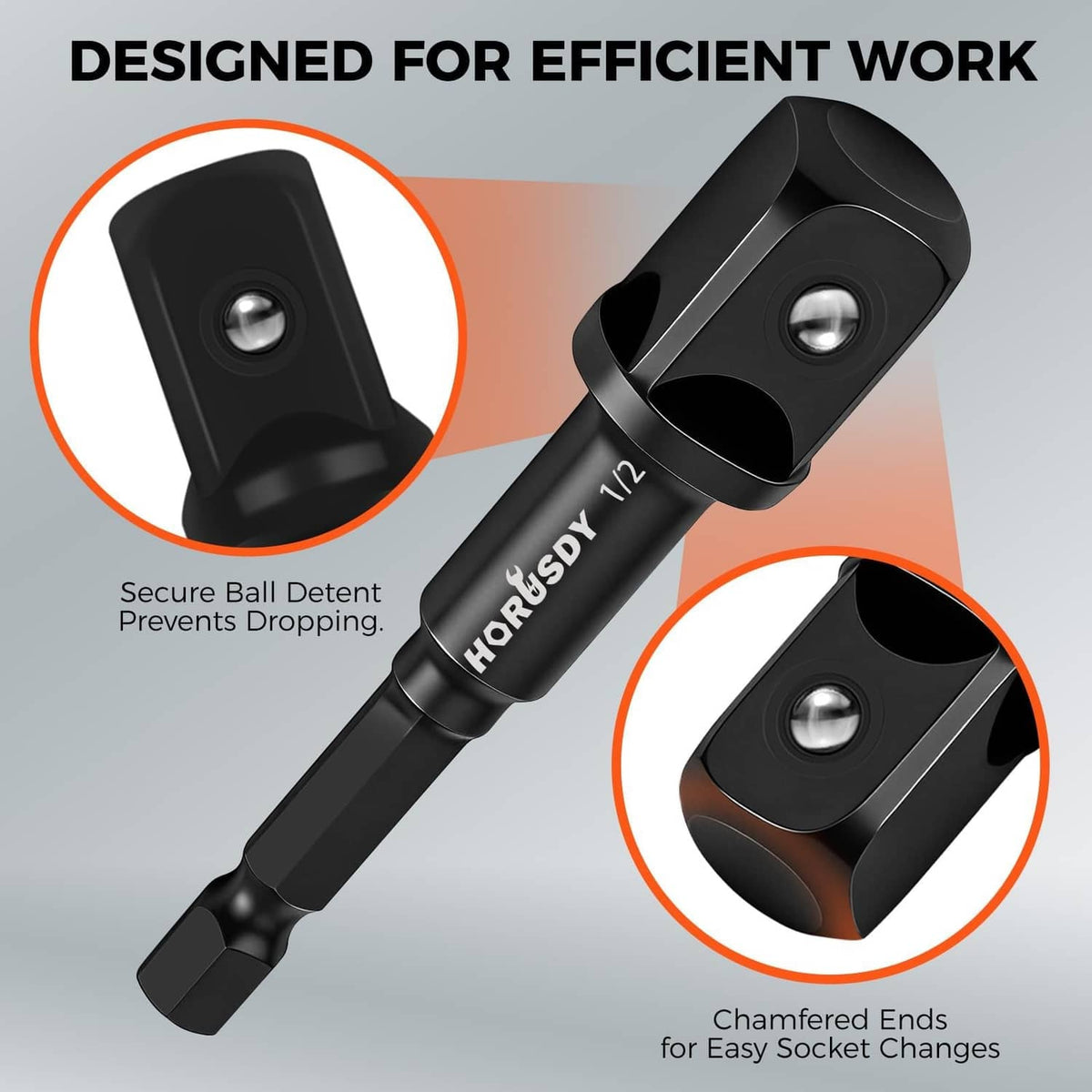 Black impact adapter with secure ball detent and chamfered ends for easy changes