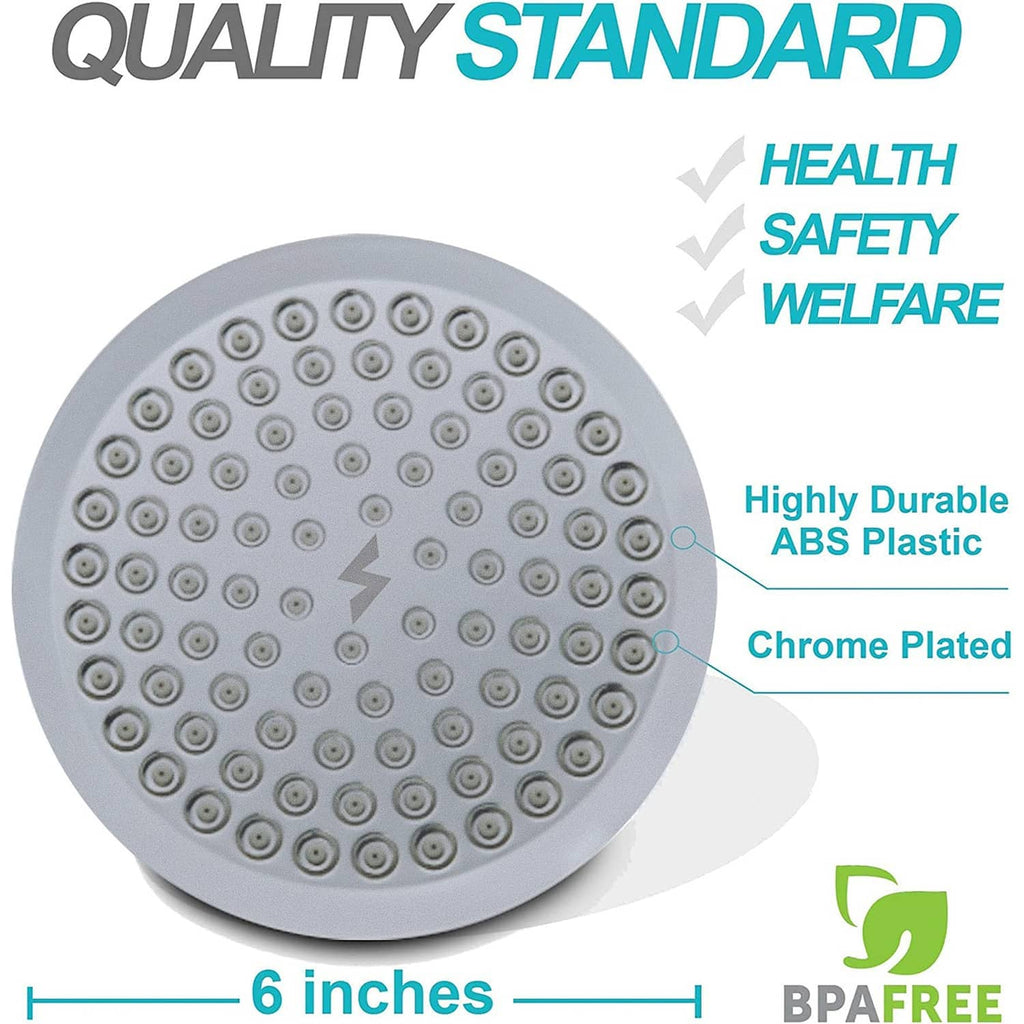 Charcoal grey 6-inch shower head face with circular nozzles and chrome-like finish