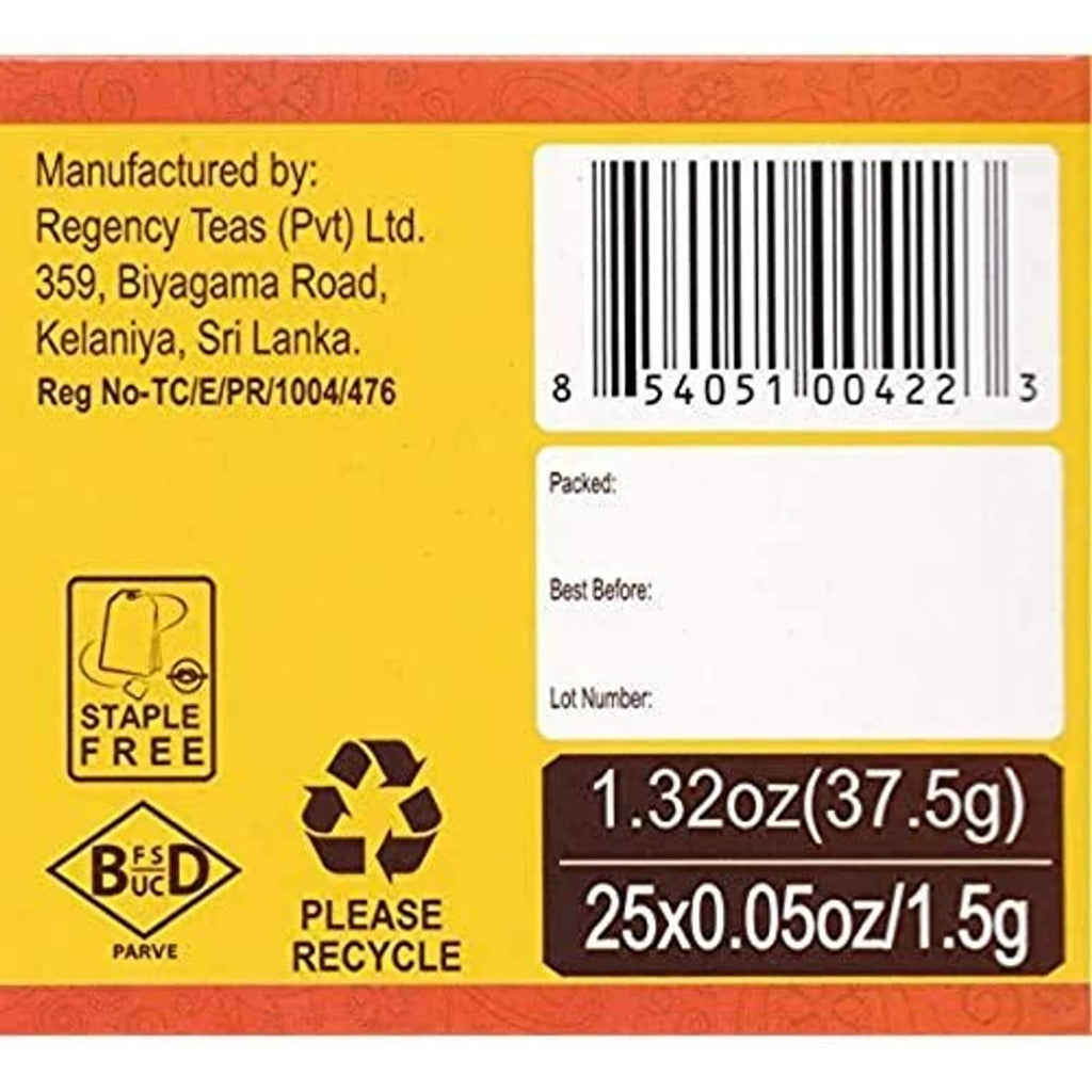Turmeric green tea herbal supplement tea bag box back panel with barcode and 25-count details