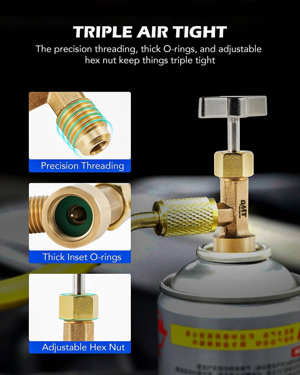 Brass can tap valve with adjustable hex nut and threaded male connector ports
