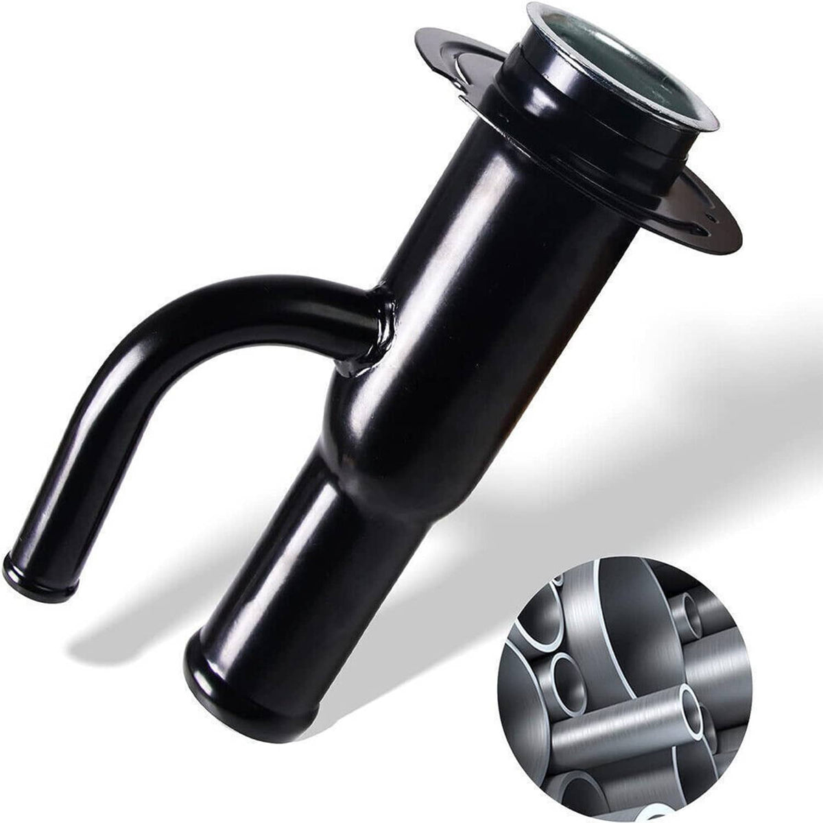 Fuel tank filler neck pipe with curved black tube and round mounting flange
