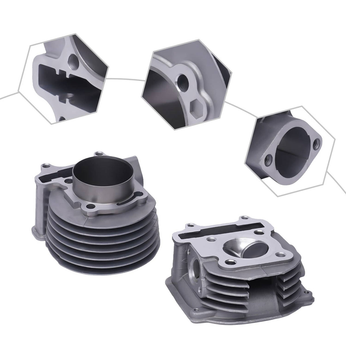 Big bore cylinder kit cylinder parts shown from multiple angles, gray metal components
