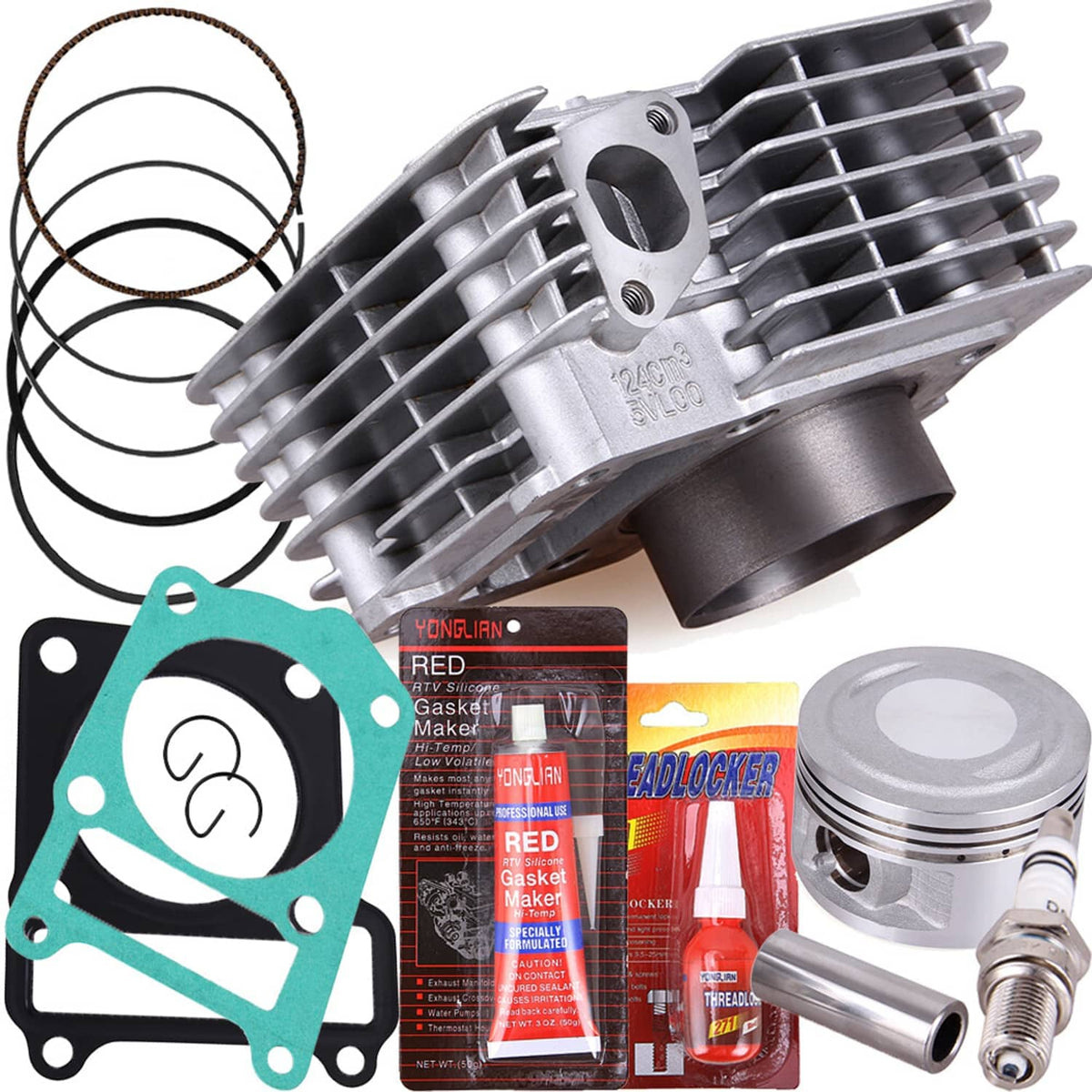 Aluminum cylinder with cooling fins and piston ring set, plus gaskets and hardware