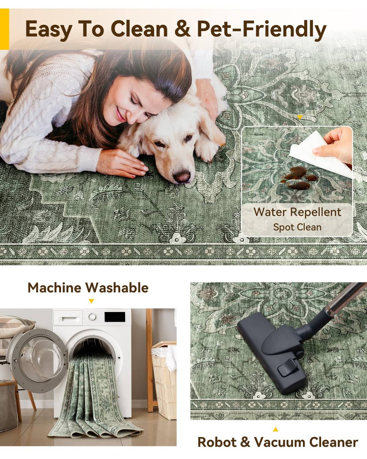 Green washable area rug care panel showing spot clean and pet-friendly use