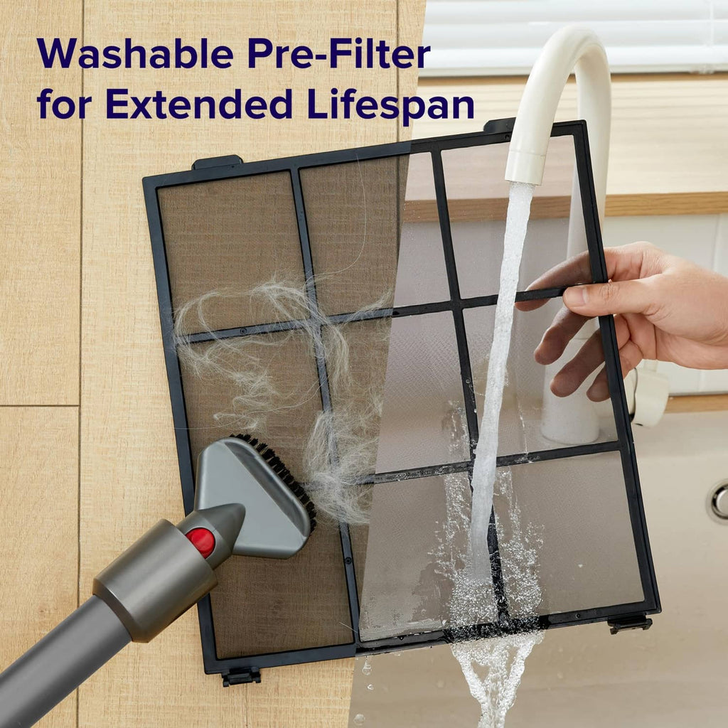 Air purifier pre-filter frame being removed from a black unit with a white handle.