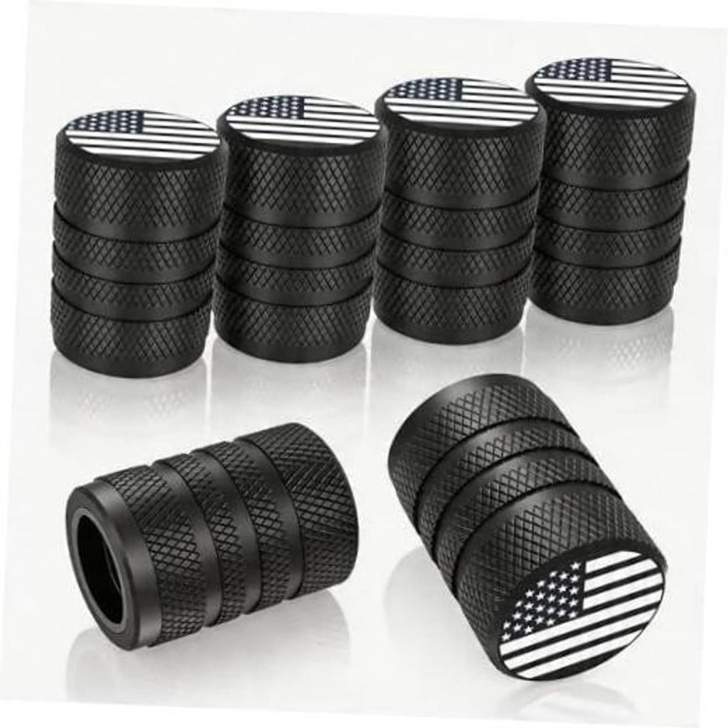 Black valve stem caps with diamond texture and round top with US flag design