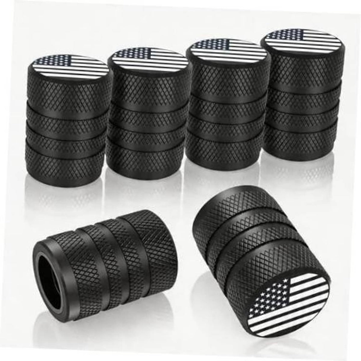 Black valve stem caps with diamond texture and round top with US flag design
