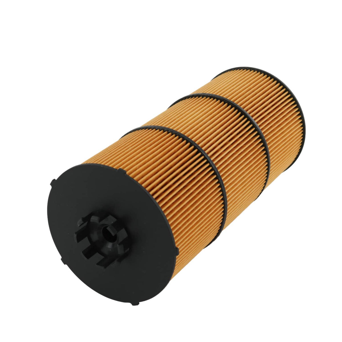 Fuel/oil filter cartridge with orange pleated media and black end caps