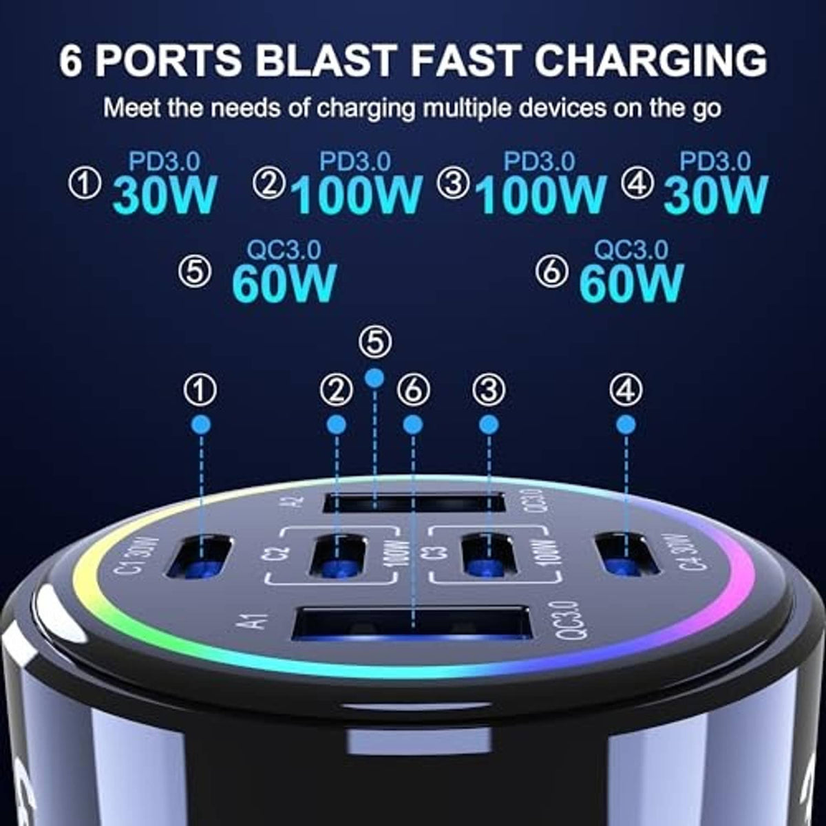 Black 6-port car charger with top port array and glowing power ring