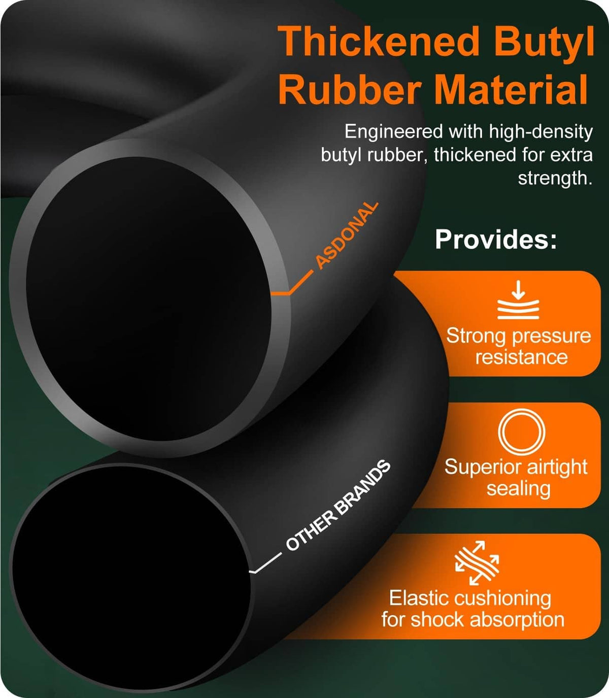 Close-up of a black thickened butyl rubber inner tube section with valve