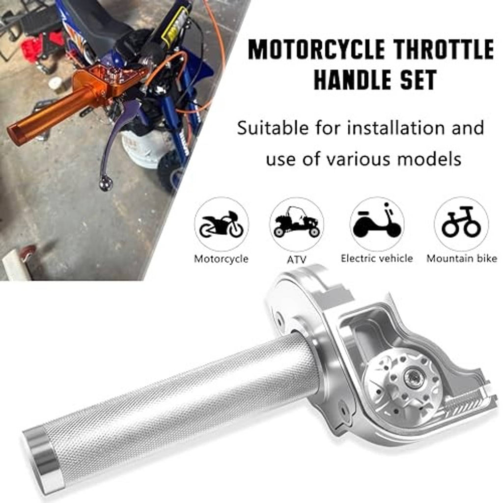 Silver motorcycle throttle handle set with textured grip and brake lever