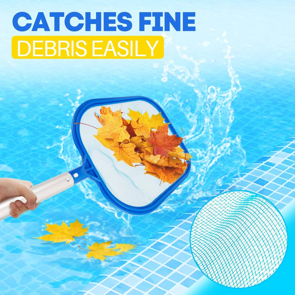 Blue square pool skimmer net catching leaves in fine mesh