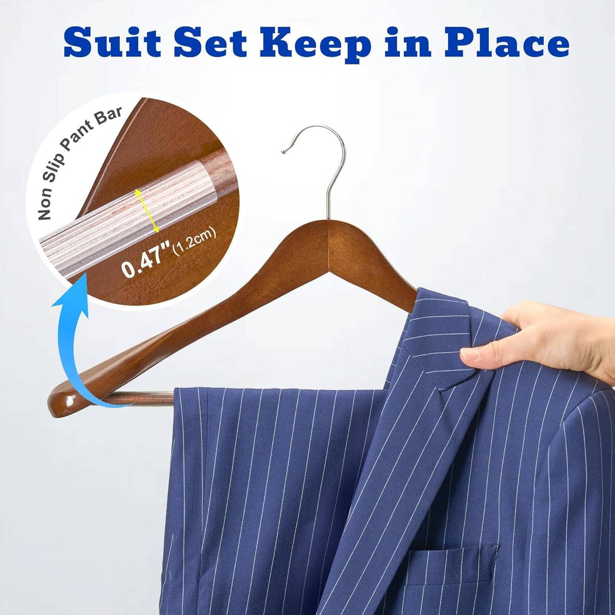 Wooden suit hanger with non-slip pants bar and wide V-shaped shoulder