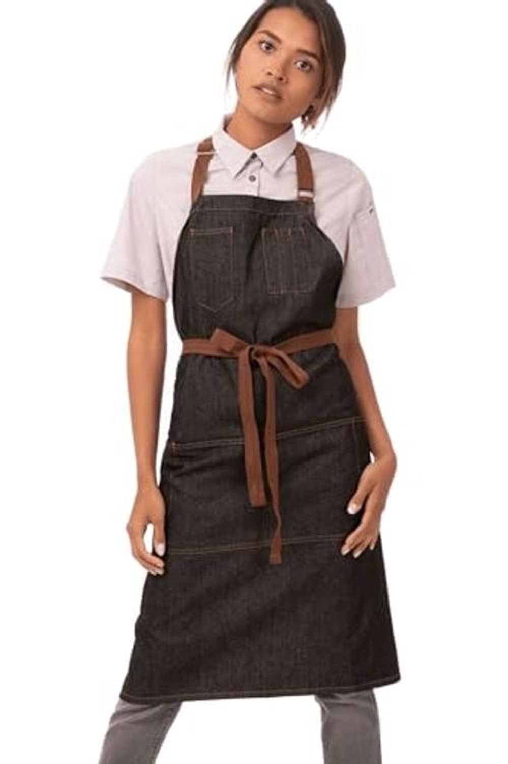Unisex dark bib apron with adjustable neck strap, front pocket, and brown waist ribbon