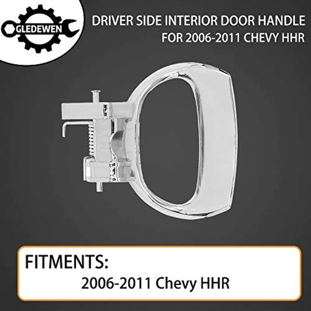 Chrome driver-side interior door handle, side view with mounting hardware and spring