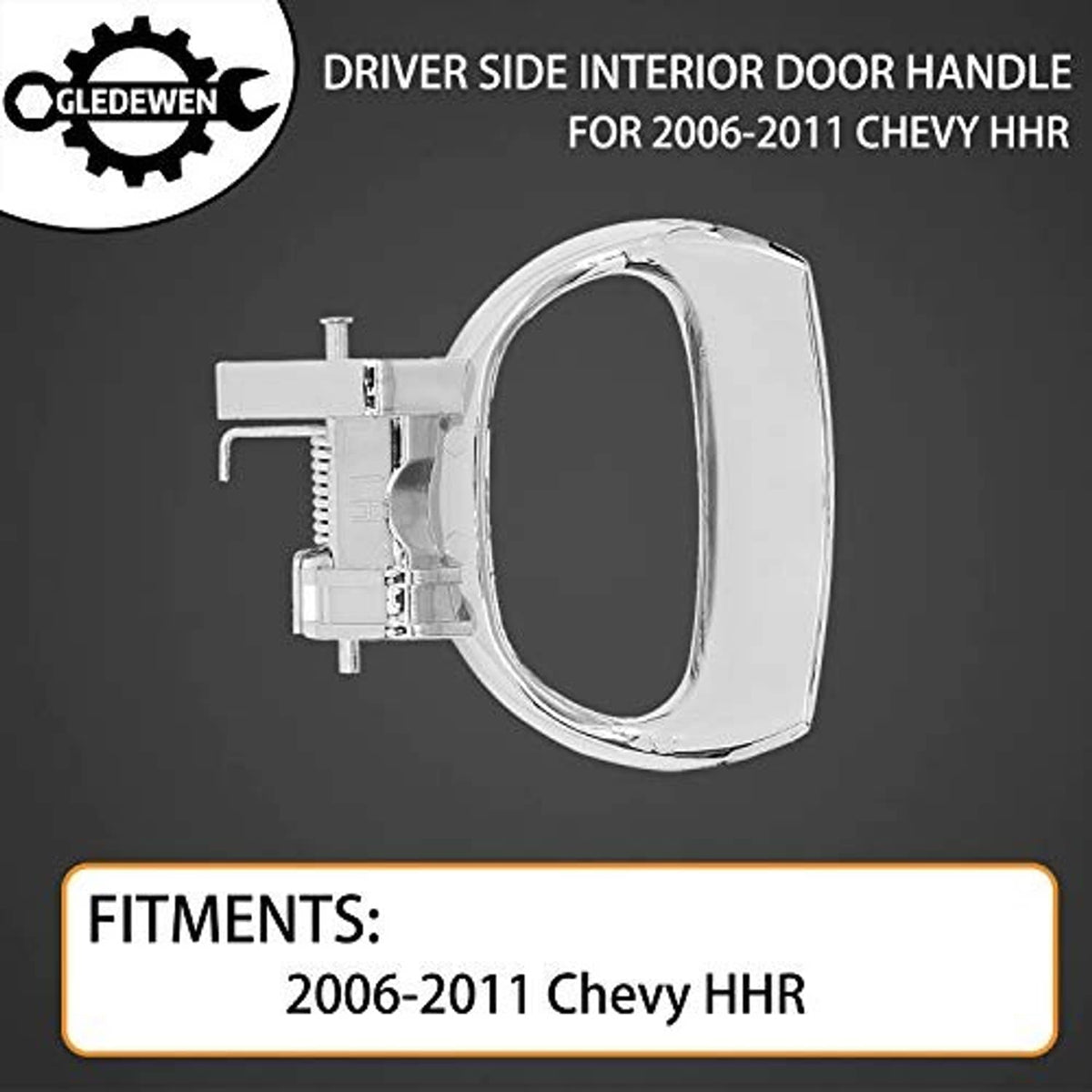 Chrome driver-side interior door handle, side view with mounting hardware and spring