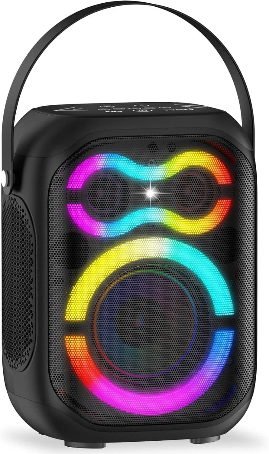 Portable Bluetooth speaker with multicolor LED rings and carrying handle