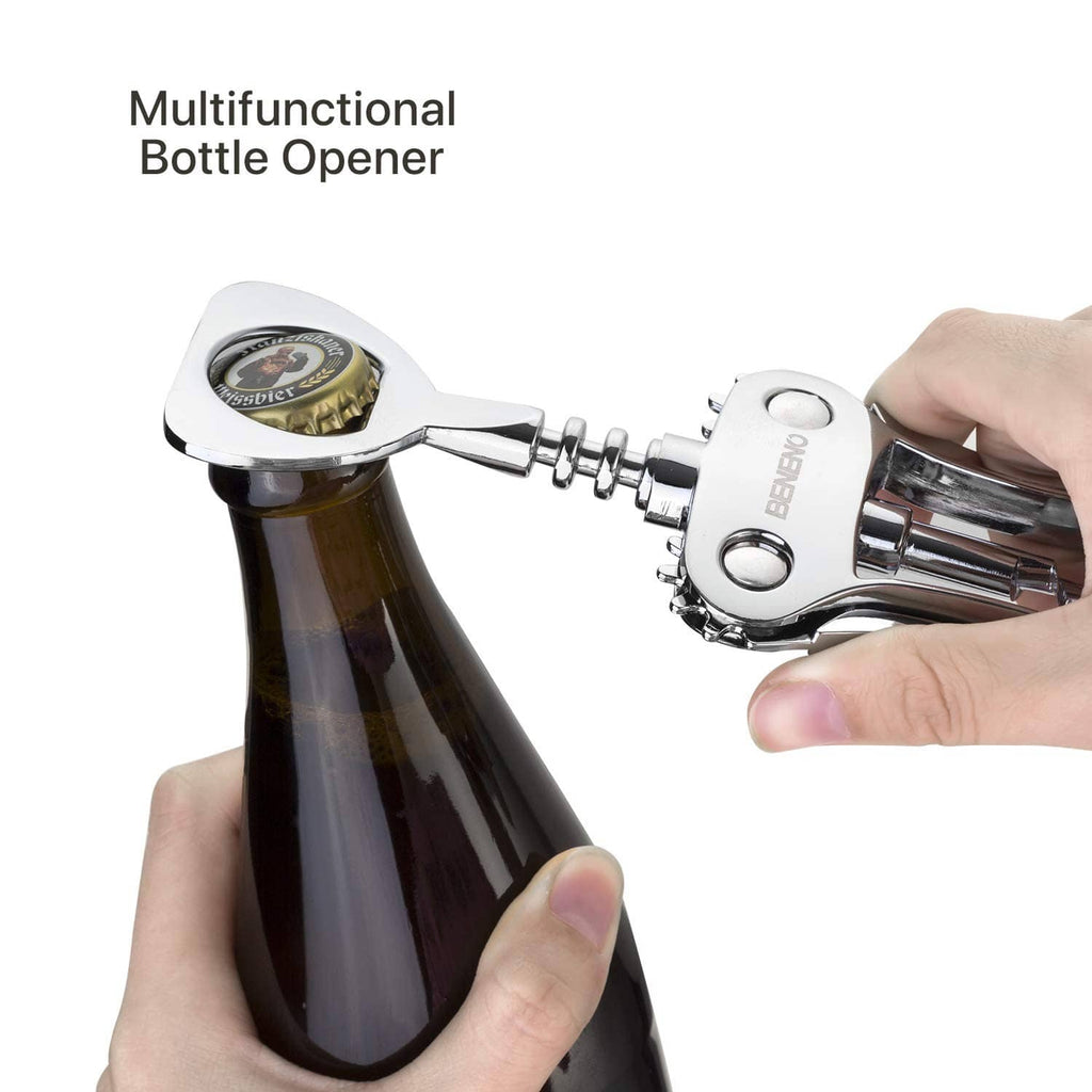 Silver wing corkscrew bottle opener with spring lever, held in hand