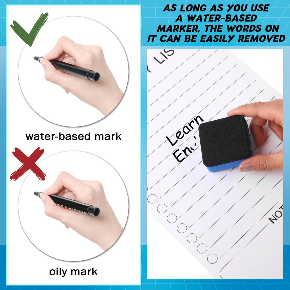 Magnetic dry-erase board showing water-based marker that can be removed
