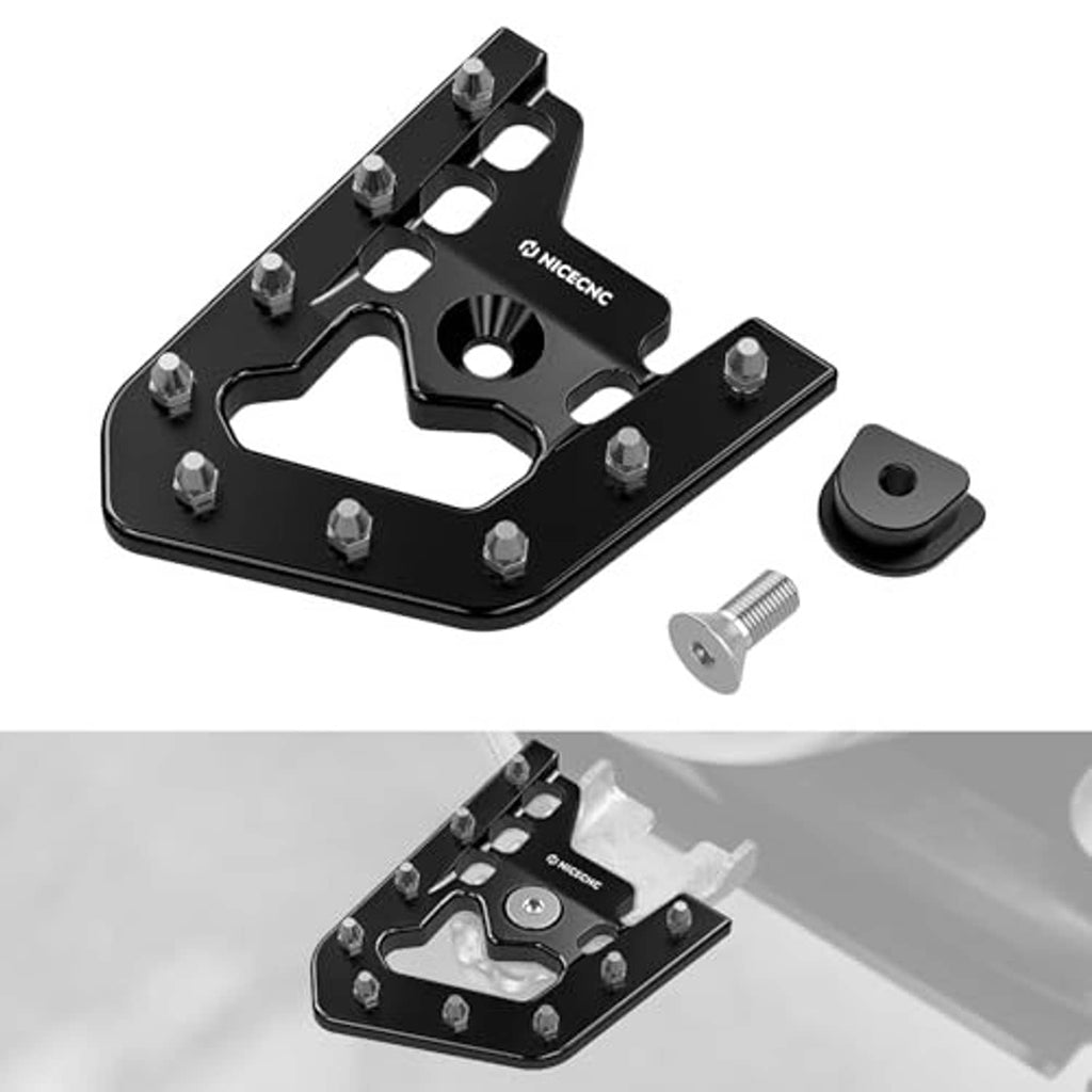 Black brake pedal lever extender plate with rubber toe pad and two included screws