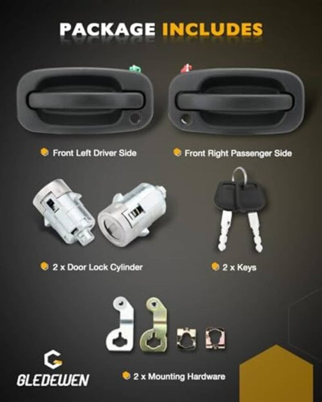 Package includes pair of dark gray door handles, lock cylinders, keys, and mounting hardware