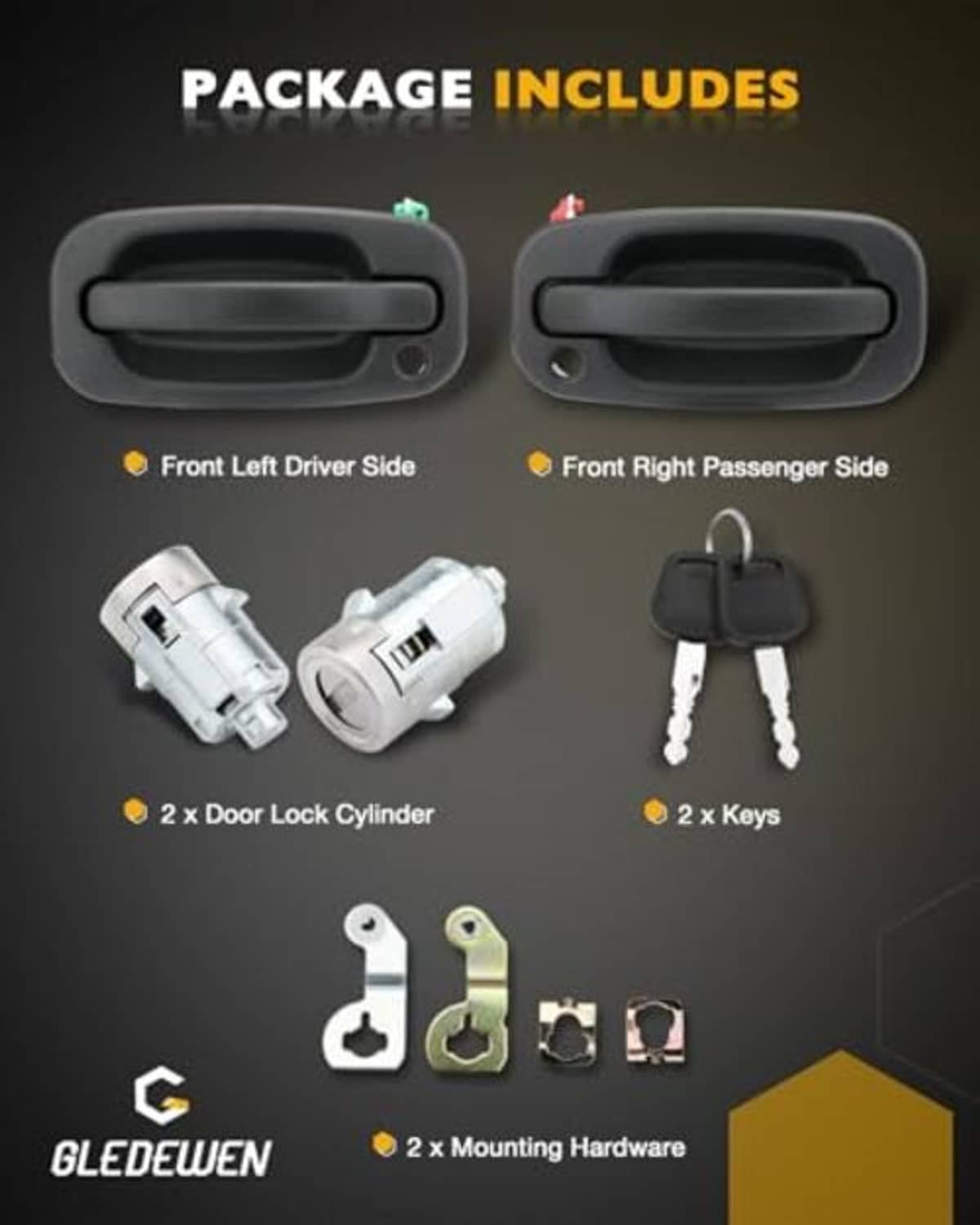 Package includes pair of dark gray door handles, lock cylinders, keys, and mounting hardware