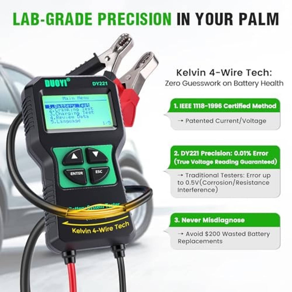Battery tester with LCD screen and red/black clamp cables, close-up on device top