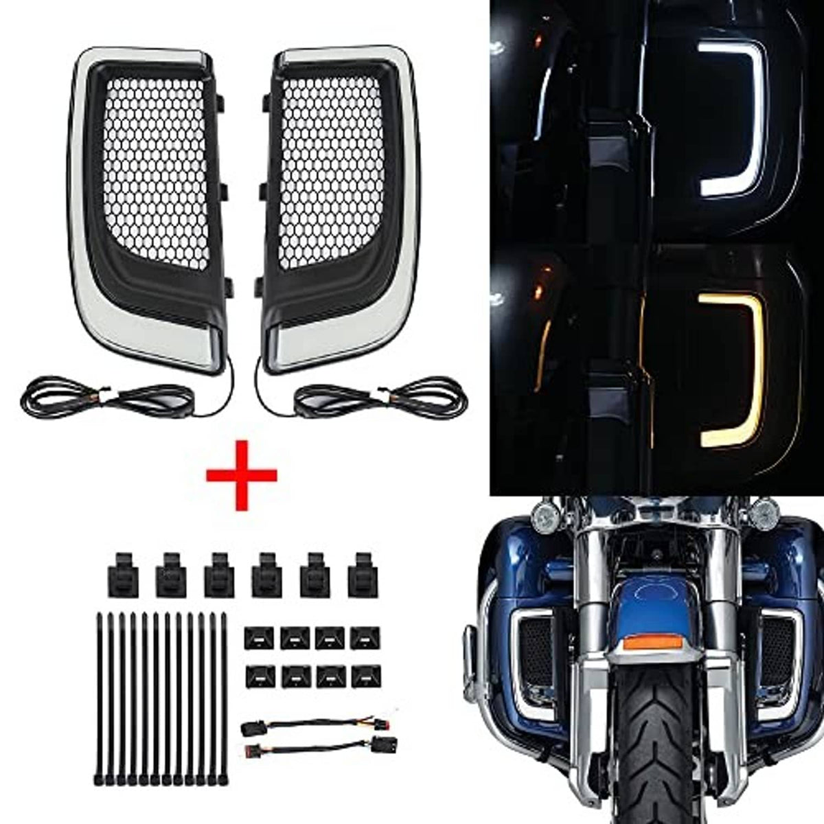 Motorcycle vent light set with mesh lenses plus installation parts and wiring harness