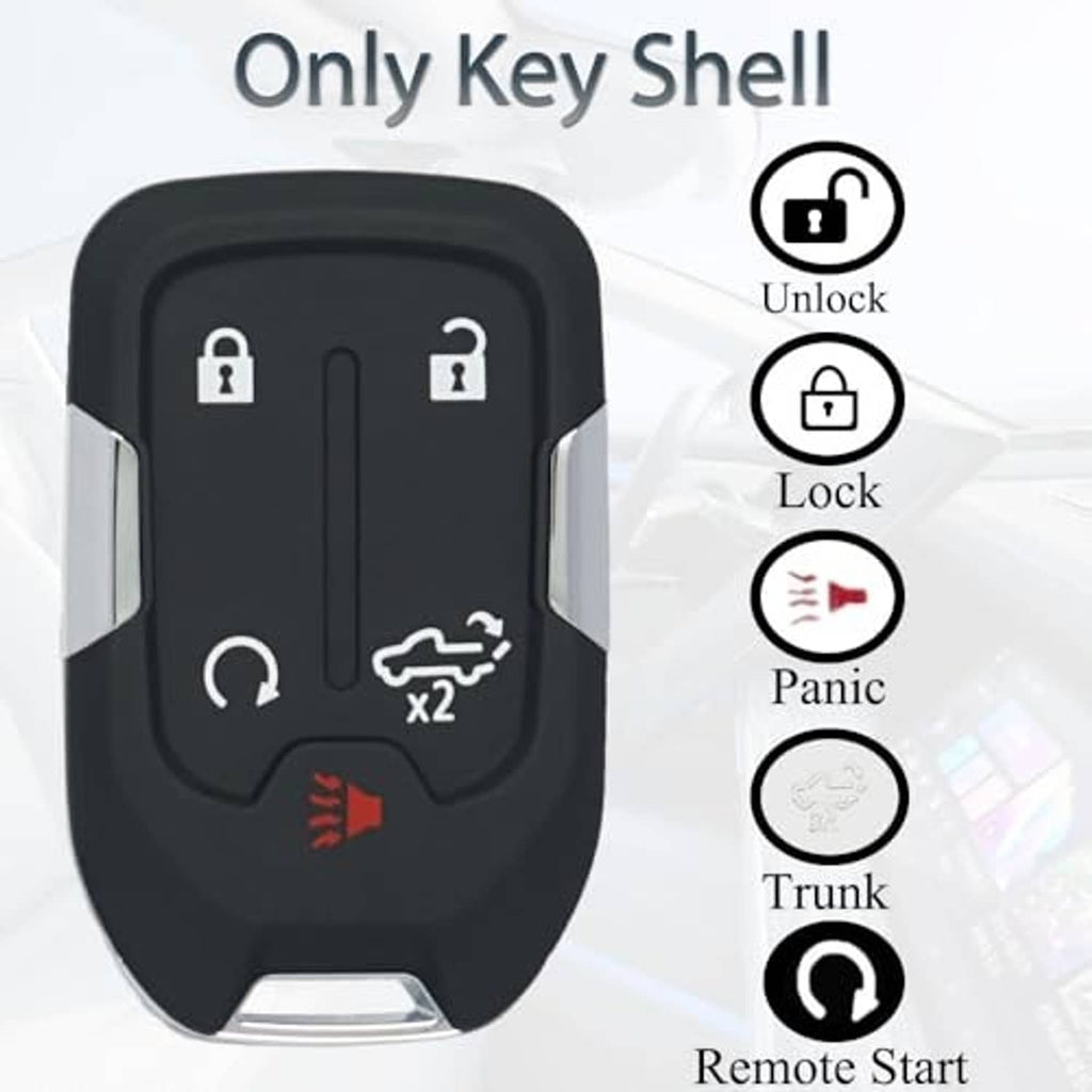 Black key fob shell case with lock, unlock, panic, trunk, and remote start icons