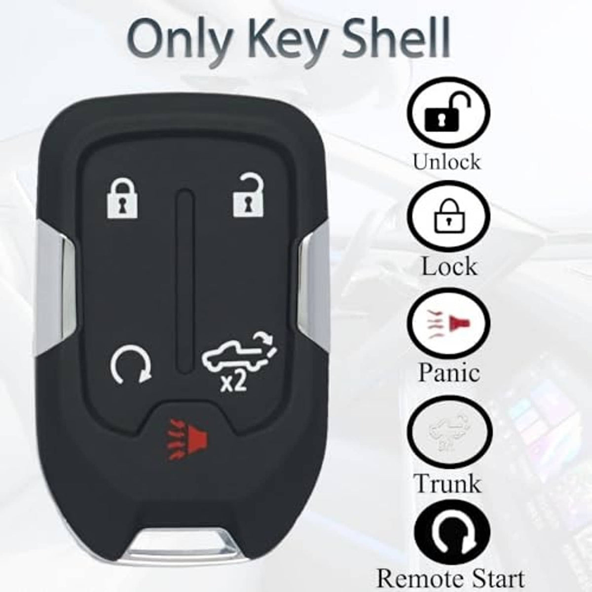 Black key fob shell case with lock, unlock, panic, trunk, and remote start icons