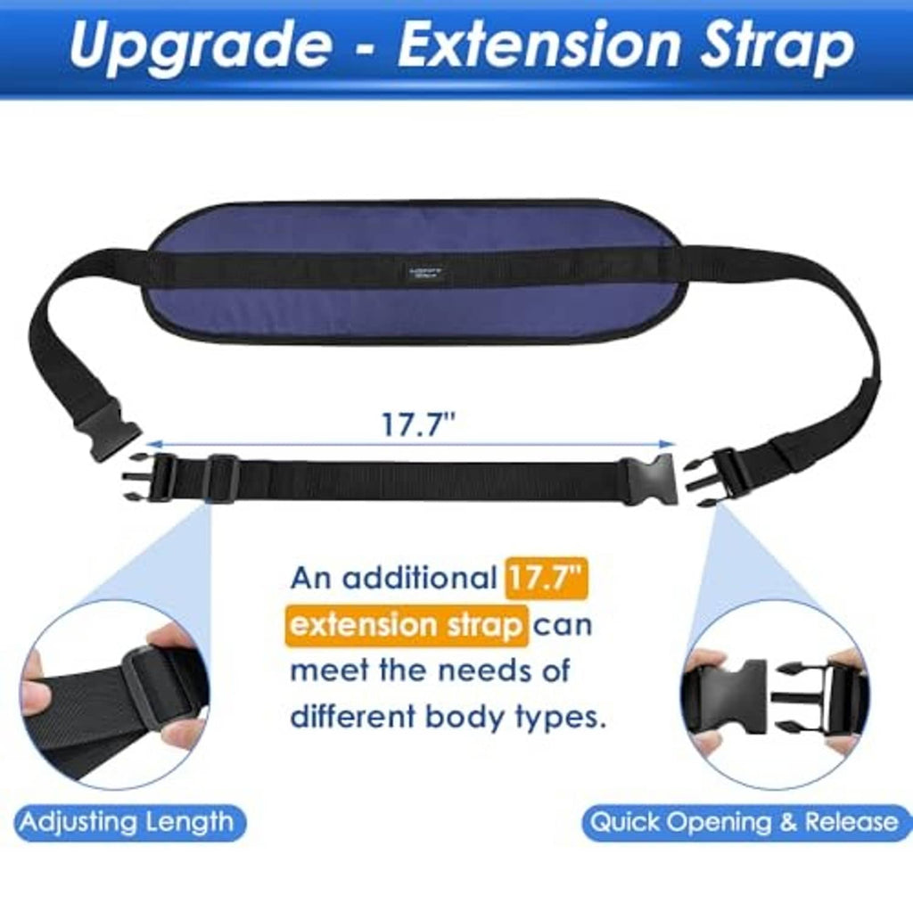 Wheelchair seatbelt restraint with navy extension strap and quick-release buckle