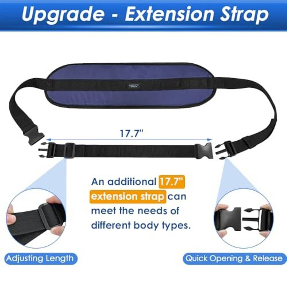Wheelchair seatbelt restraint with navy extension strap and quick-release buckle