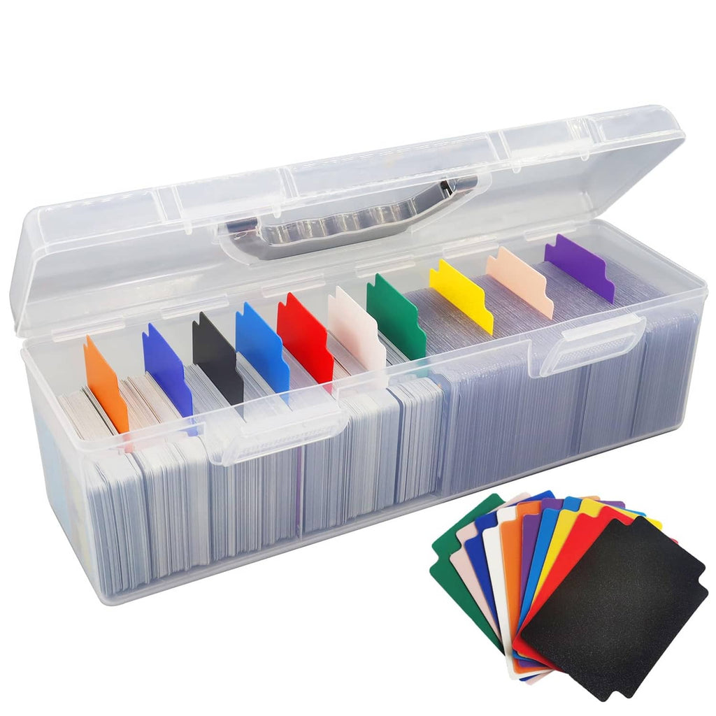 Clear plastic trading card storage box with rainbow color dividers, open top rack