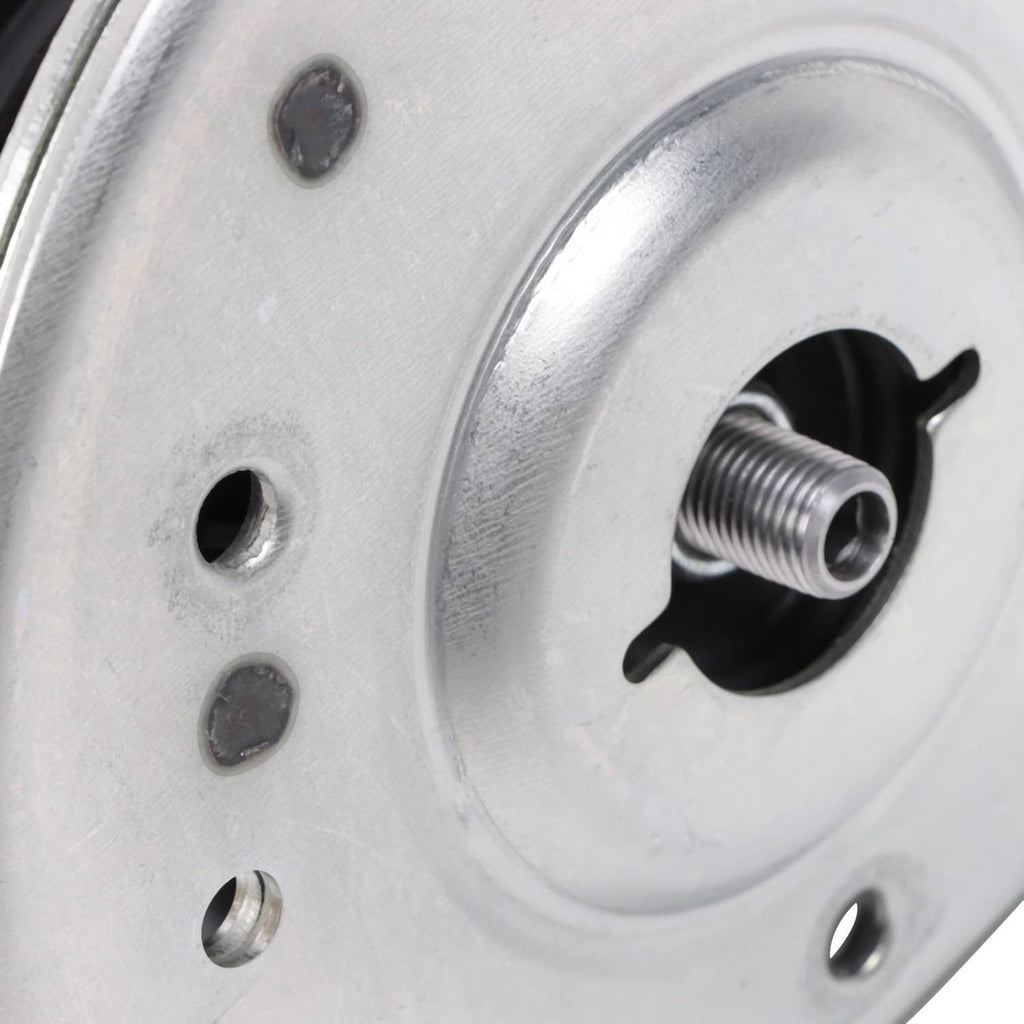 Silver strut top mount plate with center bolt hole and threaded shaft end