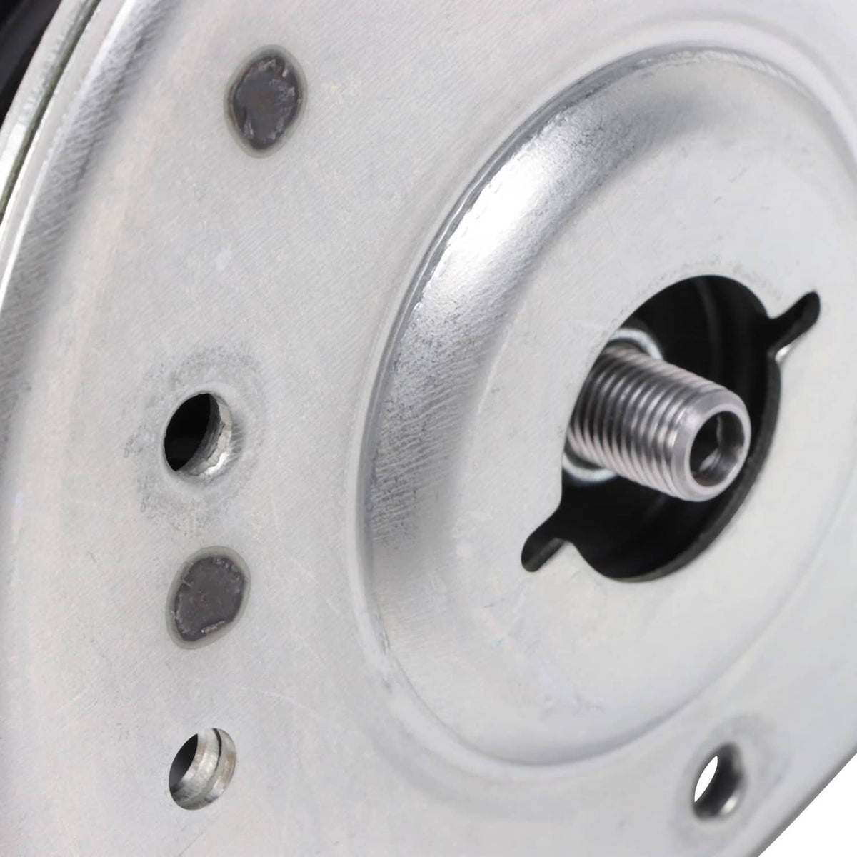 Silver strut top mount plate with center bolt hole and threaded shaft end
