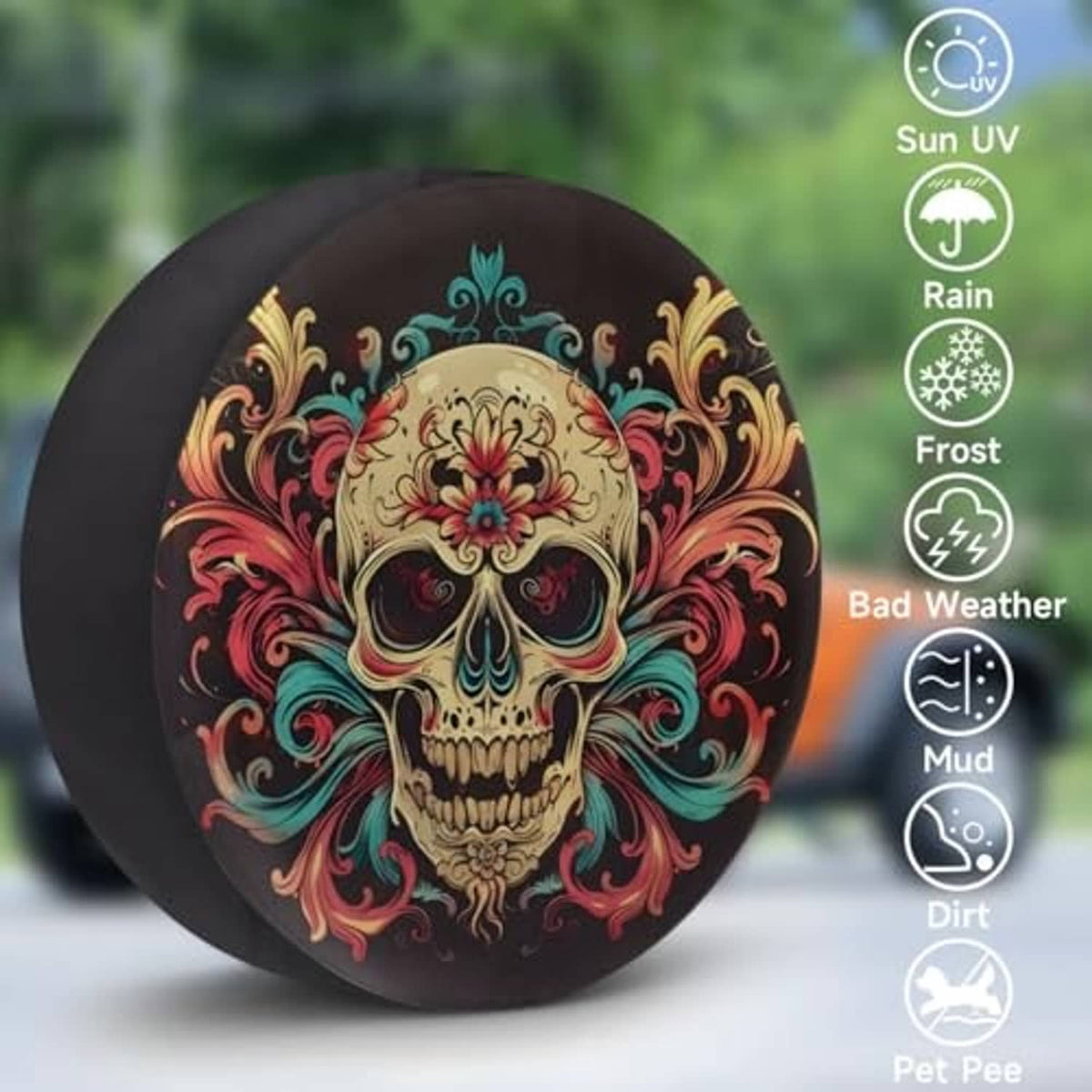 17-inch spare tire cover on a vehicle wheel, black with colorful skull and decorative swirls