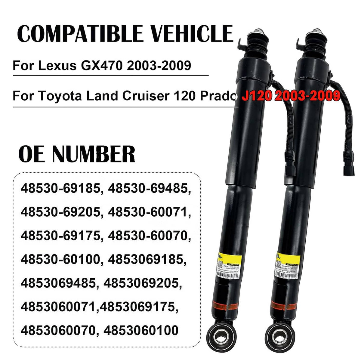 Two front shock strut assemblies with black cylinders, protective boots, and mounting hardware