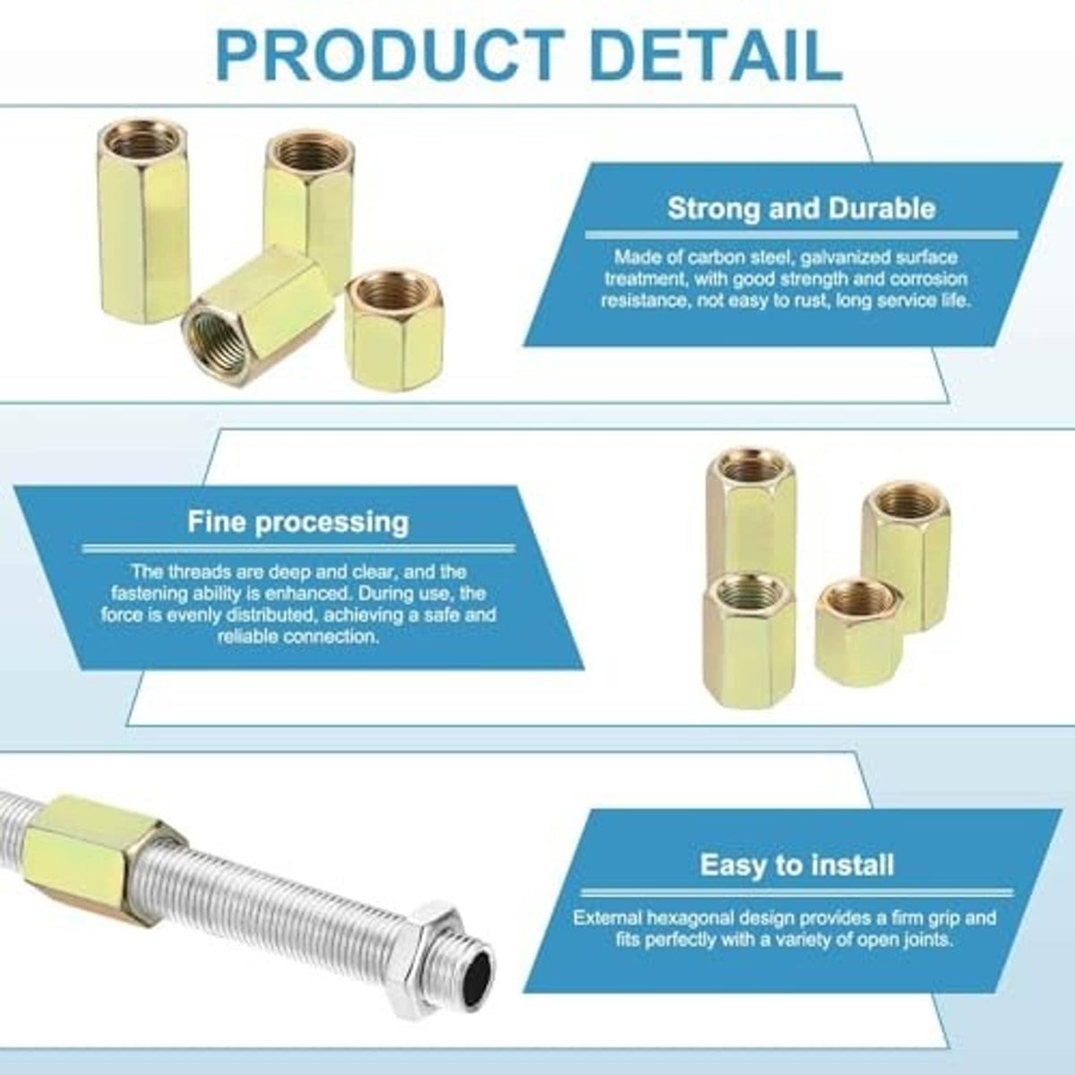 M10 x 1 hex coupling nut, zinc-plated yellow, hex socket design, threaded bore detail