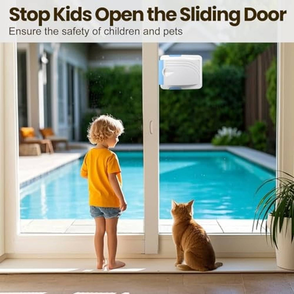 White sliding door lock mounted above doorway with child and pet nearby