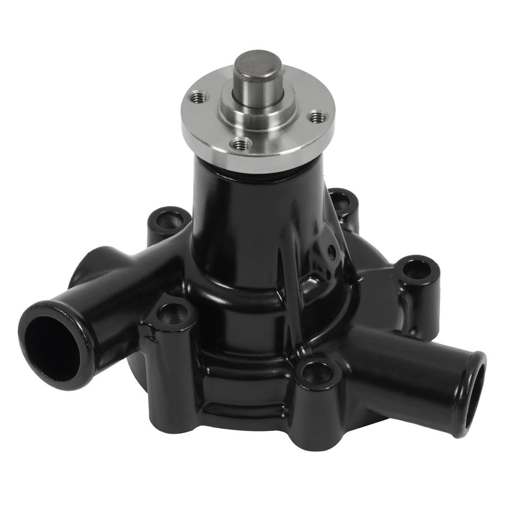 Water pump with black housing, metal top shaft, and three hose outlet ports