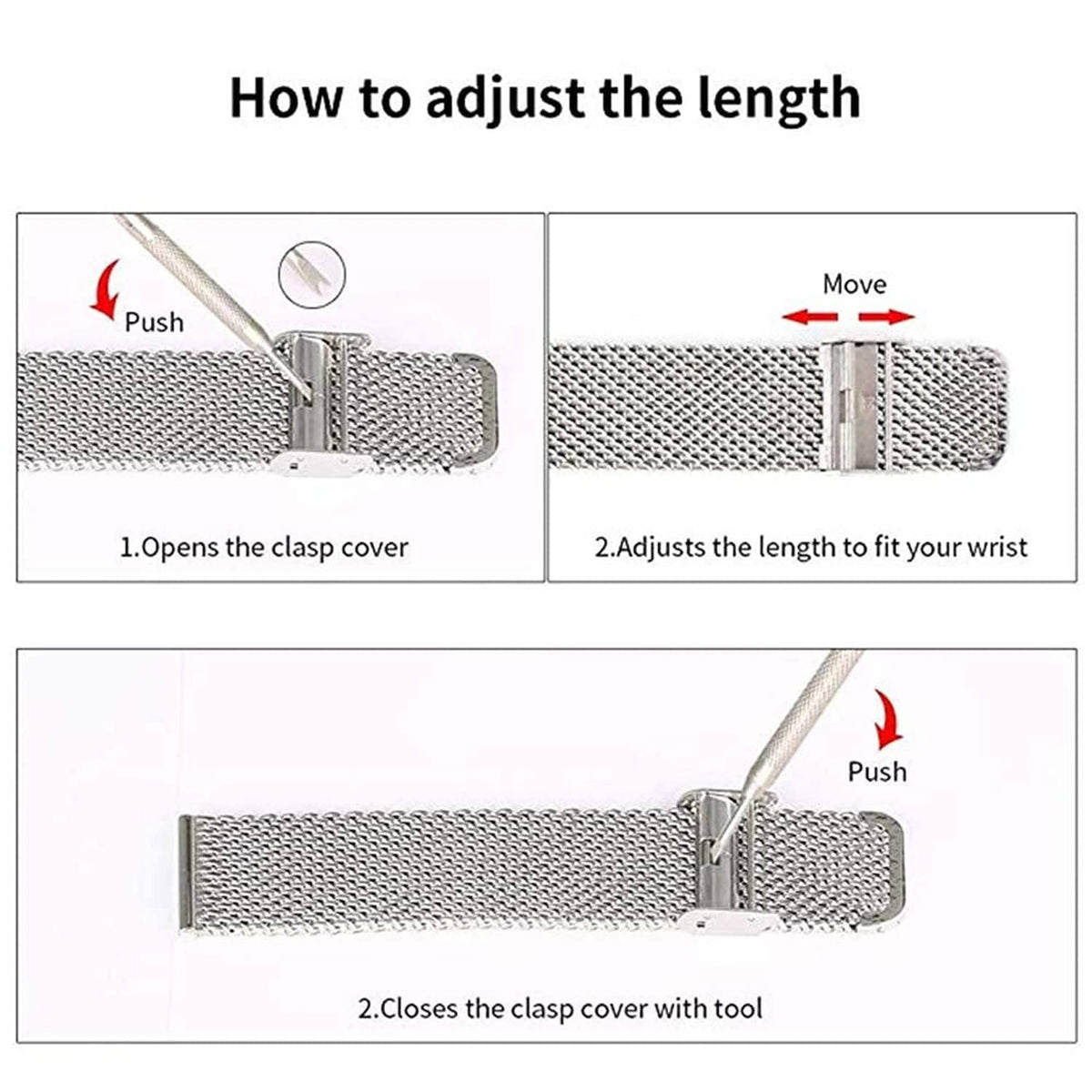 Stainless steel mesh watch band length adjustment instructions with clasp cover tool