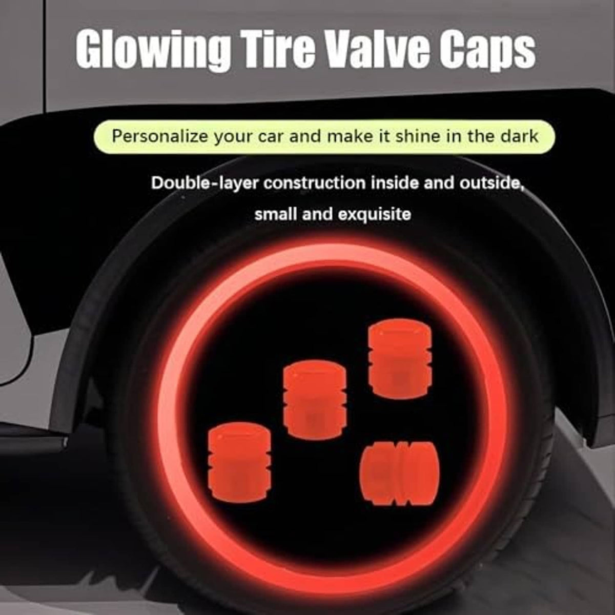 Glowing red tire valve caps on a car tire with bright circular light ring