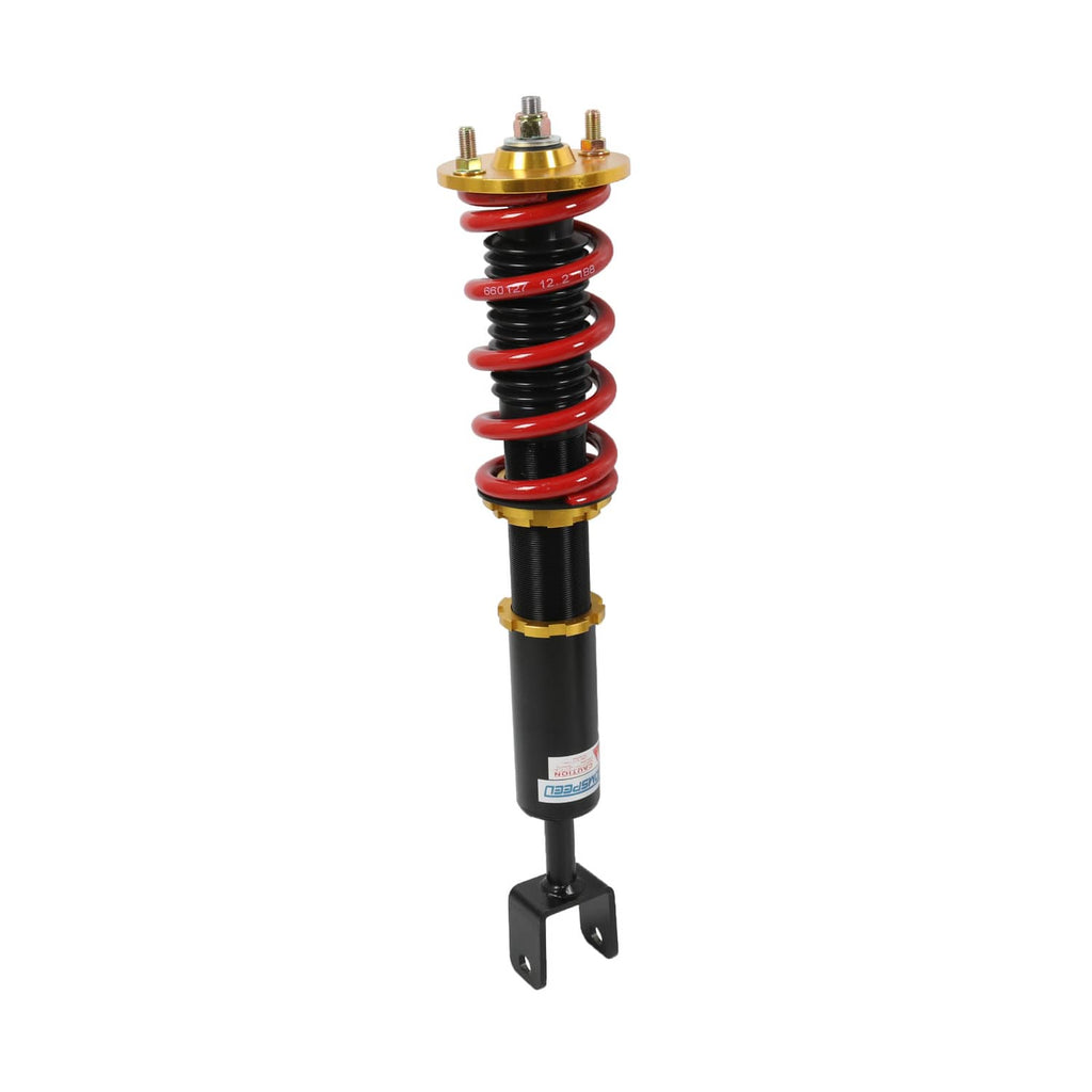 Single coilover strut: red coil spring, black body, gold top mount