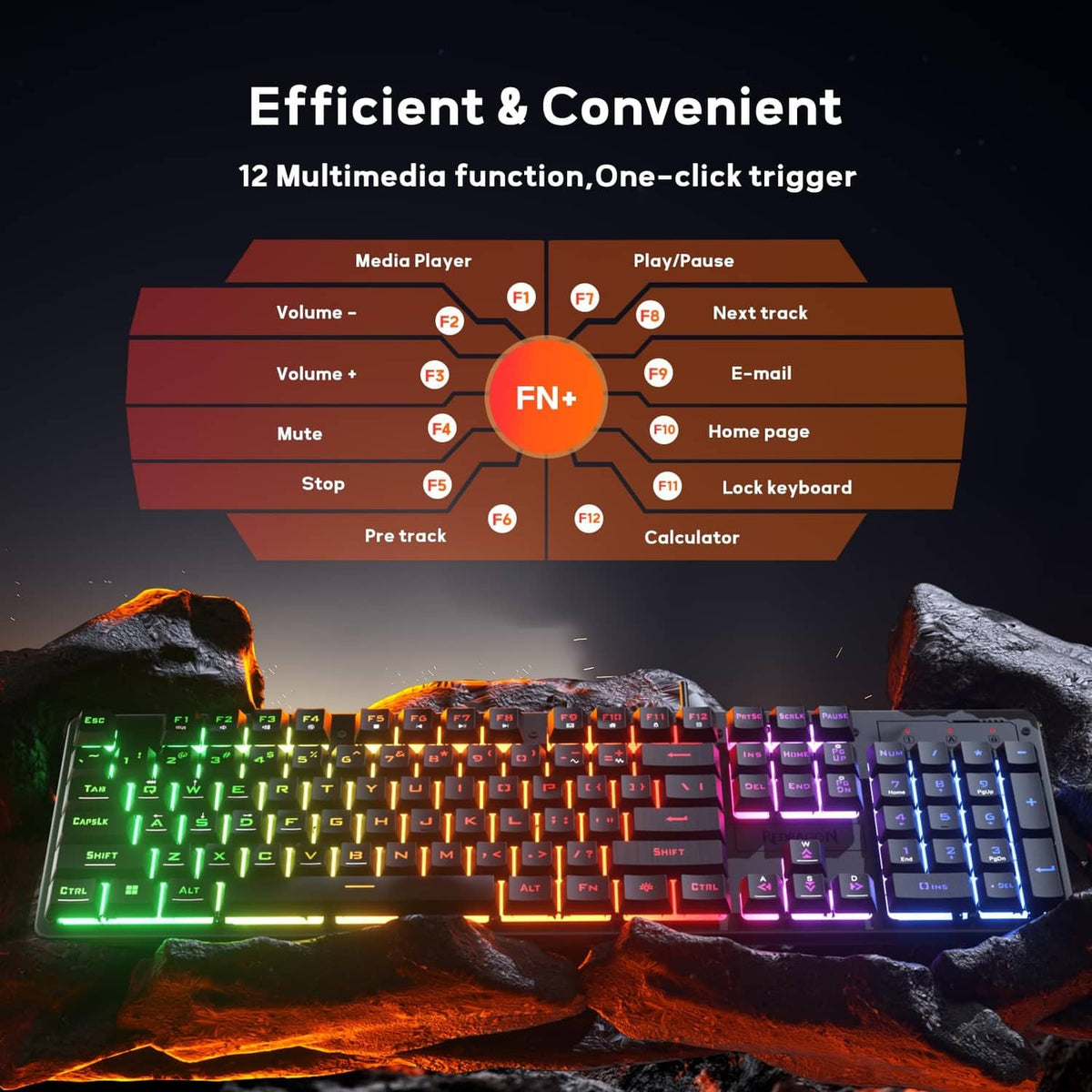 Black 104-key wired gaming keyboard with multicolor rainbow LED key illumination