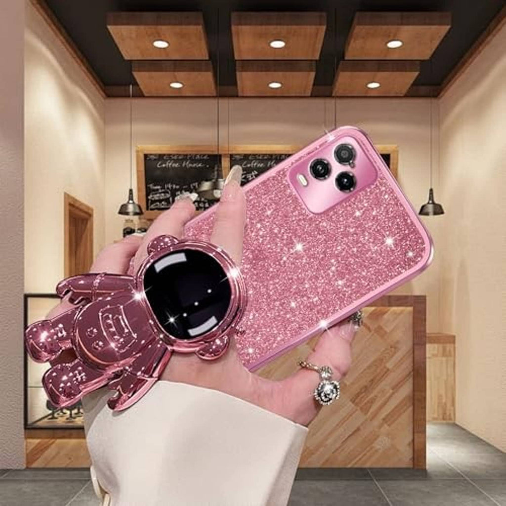 Rose gold glitter phone case with large astronaut kickstand, rear camera openings